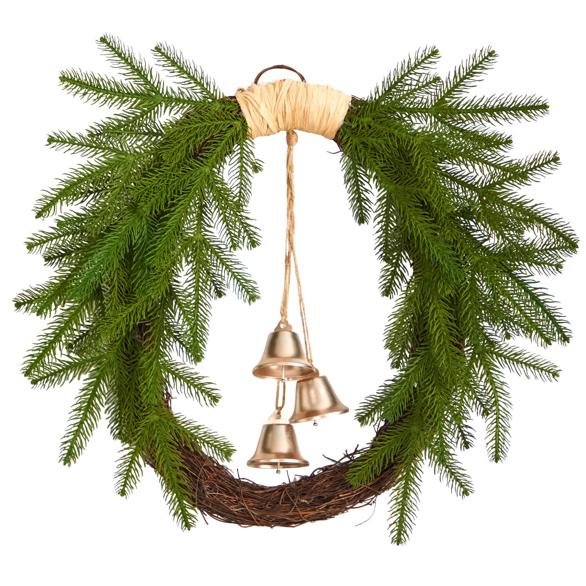24" Holiday Christmas Pine and Hanging Bells Wreath by Nearly Natural