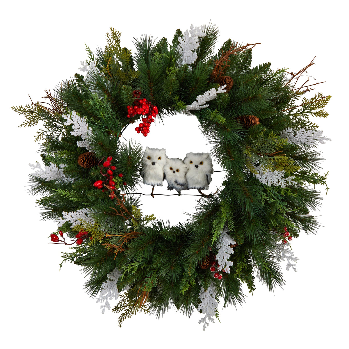 24" Holiday  Owl Family Pinecone Berry Christmas Wreath by Nearly Natural