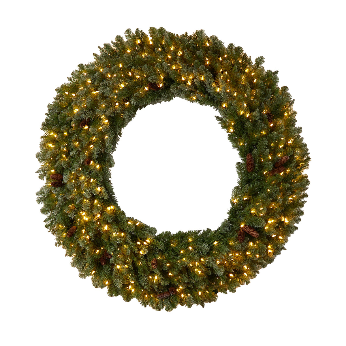 5' Flocked Xmas Wreath w/Pinecones 300 Clear LEDs & 680 TPS by Nearly Natural