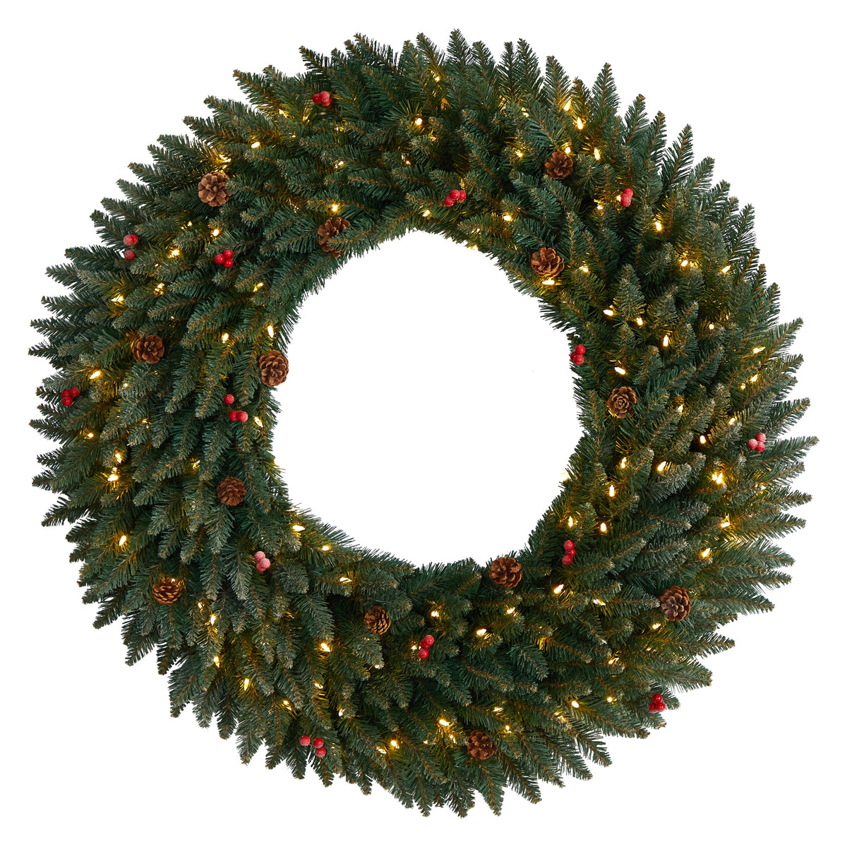 4' Large Flocked Xmas Wreath w/Berries, 200 LEDs & 400 Tips by Nearly Natural
