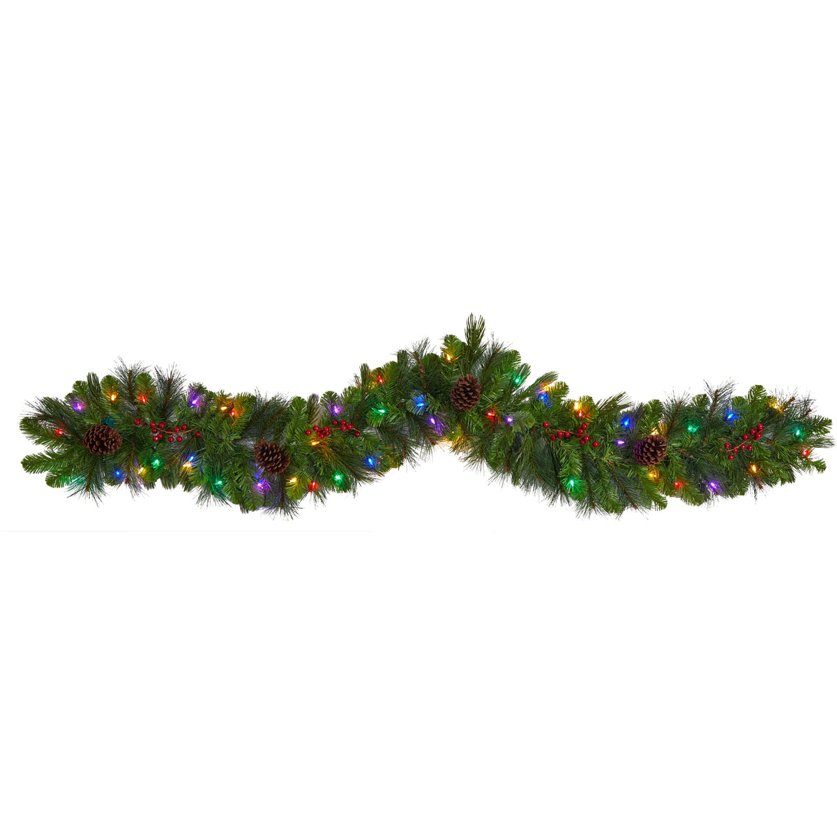 6' Pinecones and Berries Xmas Garland w/50 Multicolored LEDs by Nearly Natural
