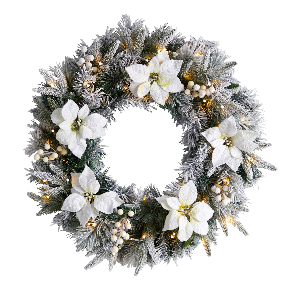 24" Flocked Poinsettia and Pine Xmas Wreath w/50 LEDs by Nearly Natural
