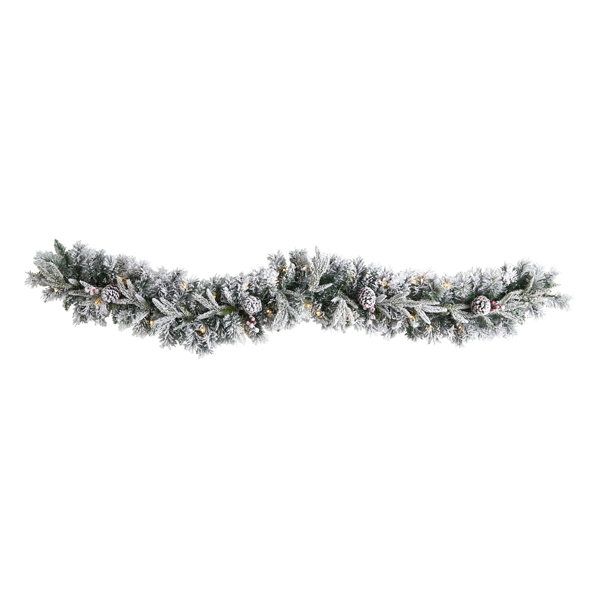 6' Flocked Xmas Garland w/35 LEDs and Pine Cones by Nearly Natural