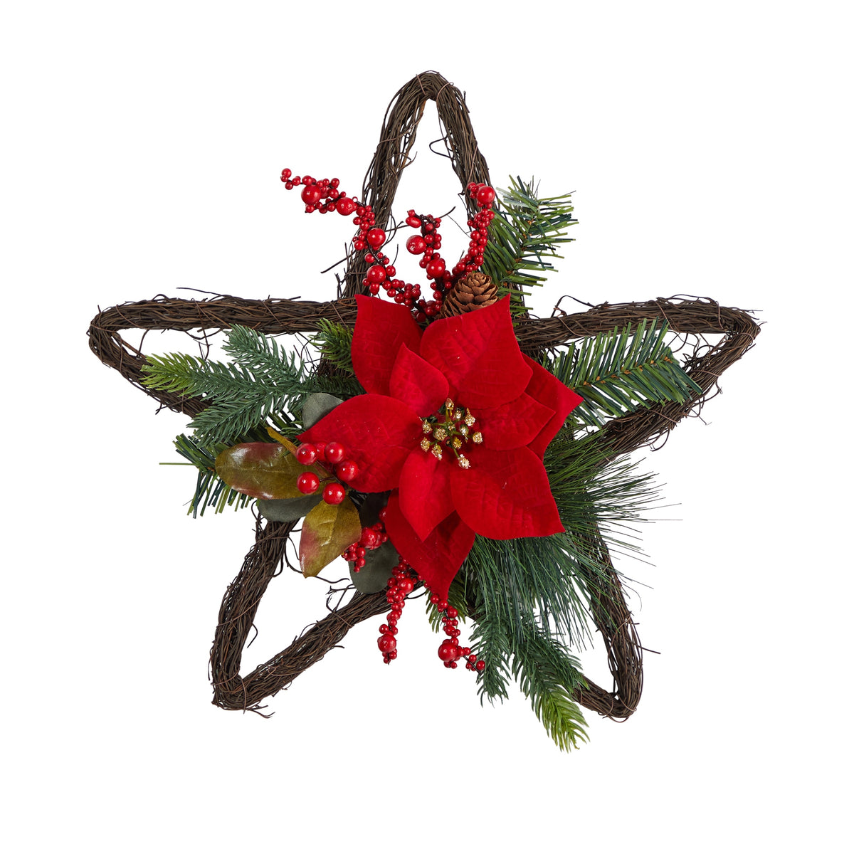 16" Holiday Christmas Poinsettia Star Twig Wreath by Nearly Natural