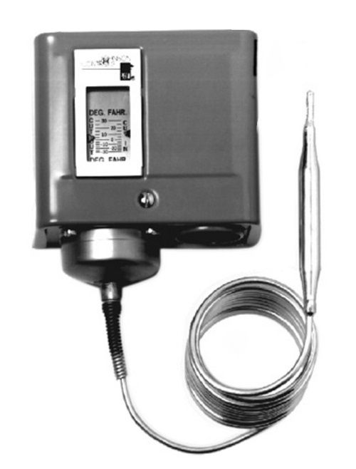 Johnson Controls Single Pole Temp Control; 15/55F; Diff 5 Fixed; Spst; Nema 1; Open Low; 1/8 X 20' Bulb; Man Reset A70BA-18C