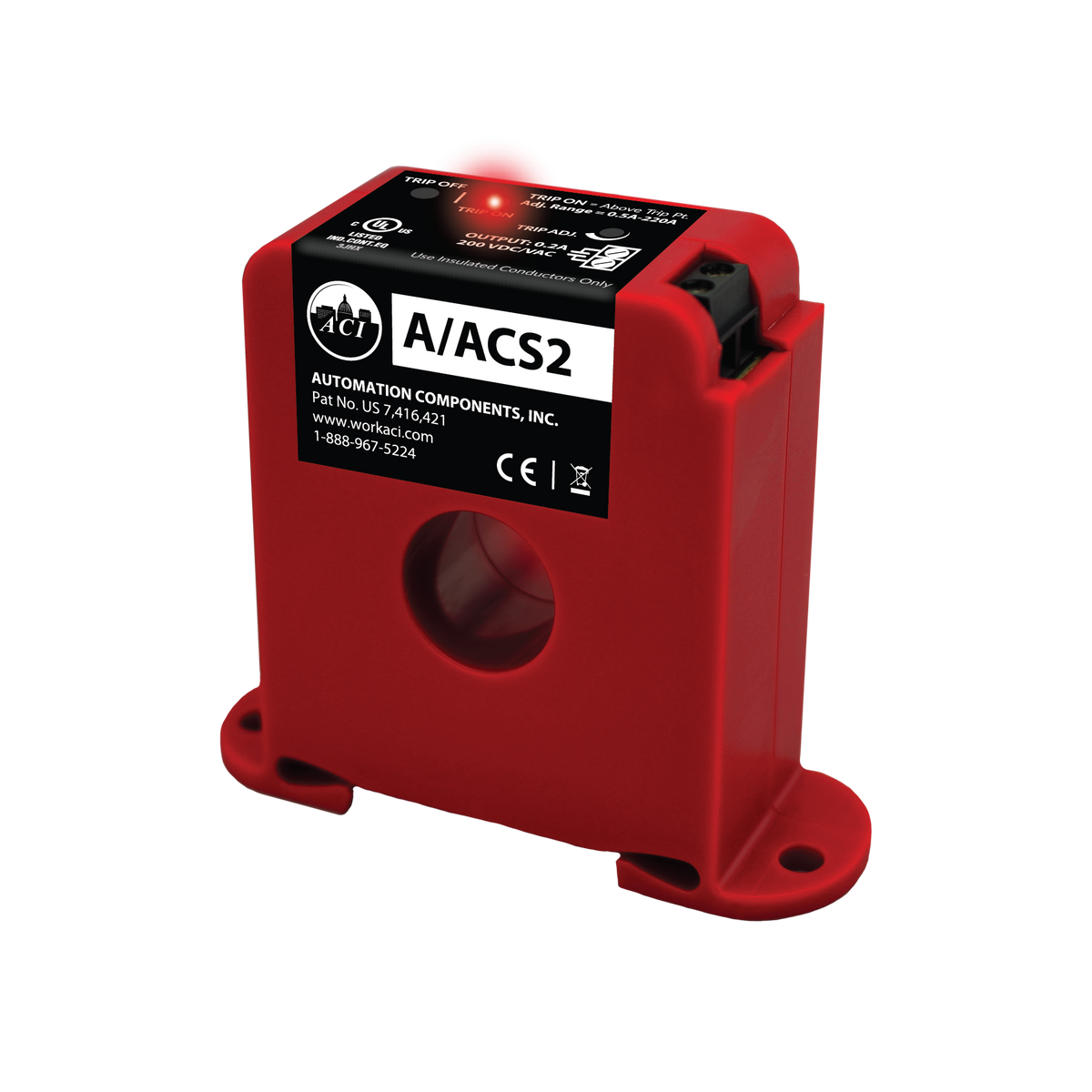 ACI (Automation Components Inc) A/Acs2 Adjustable Current Switch, Din Rail, Solid Core, Normally Open, 220A Trip Point 142355