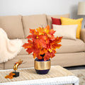18" Autumn Maple Leaf Plant in Blue and Gold Planter by Nearly Natural in Orange