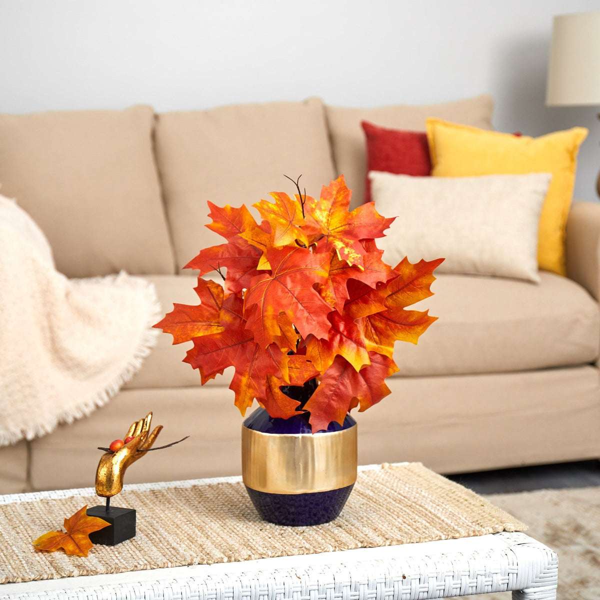 18" Autumn Maple Leaf Plant in Blue and Gold Planter by Nearly Natural in Orange