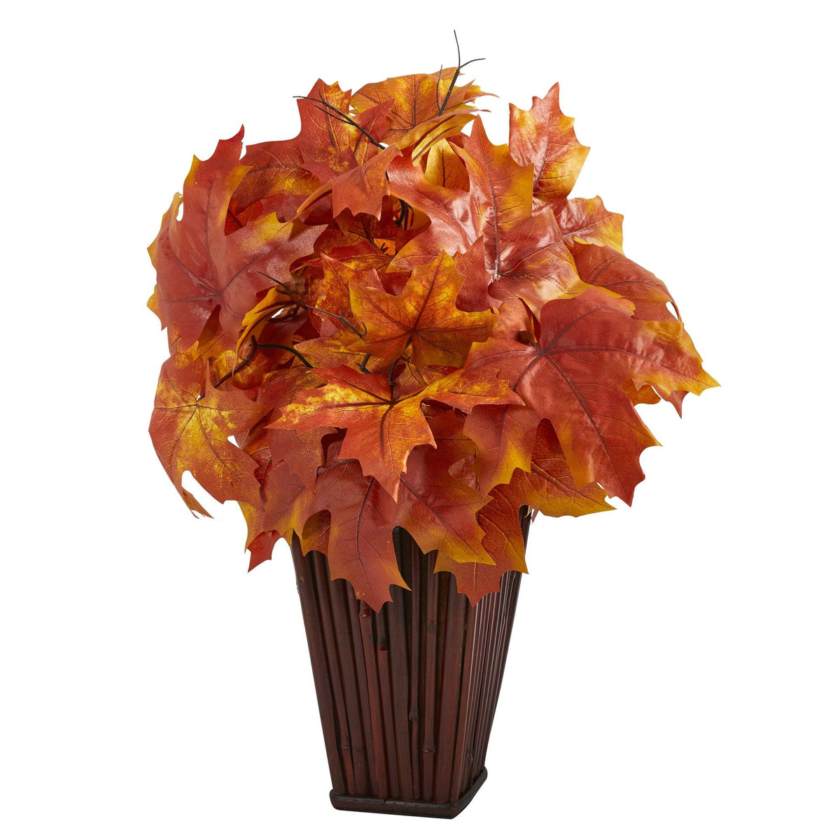 19" Autumn Maple Leaf Artificial Plant in Decorative Planter by Nearly Natural in Orange