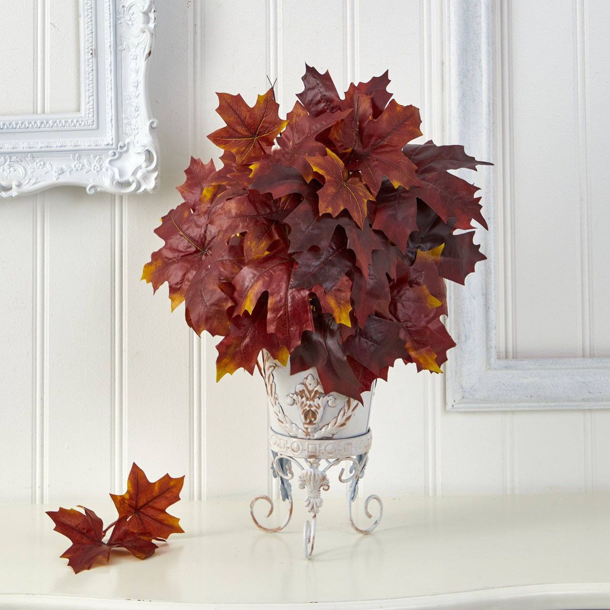 20" Autumn Maple Leaf Artificial Plant in Metal Planter by Nearly Natural in Orange