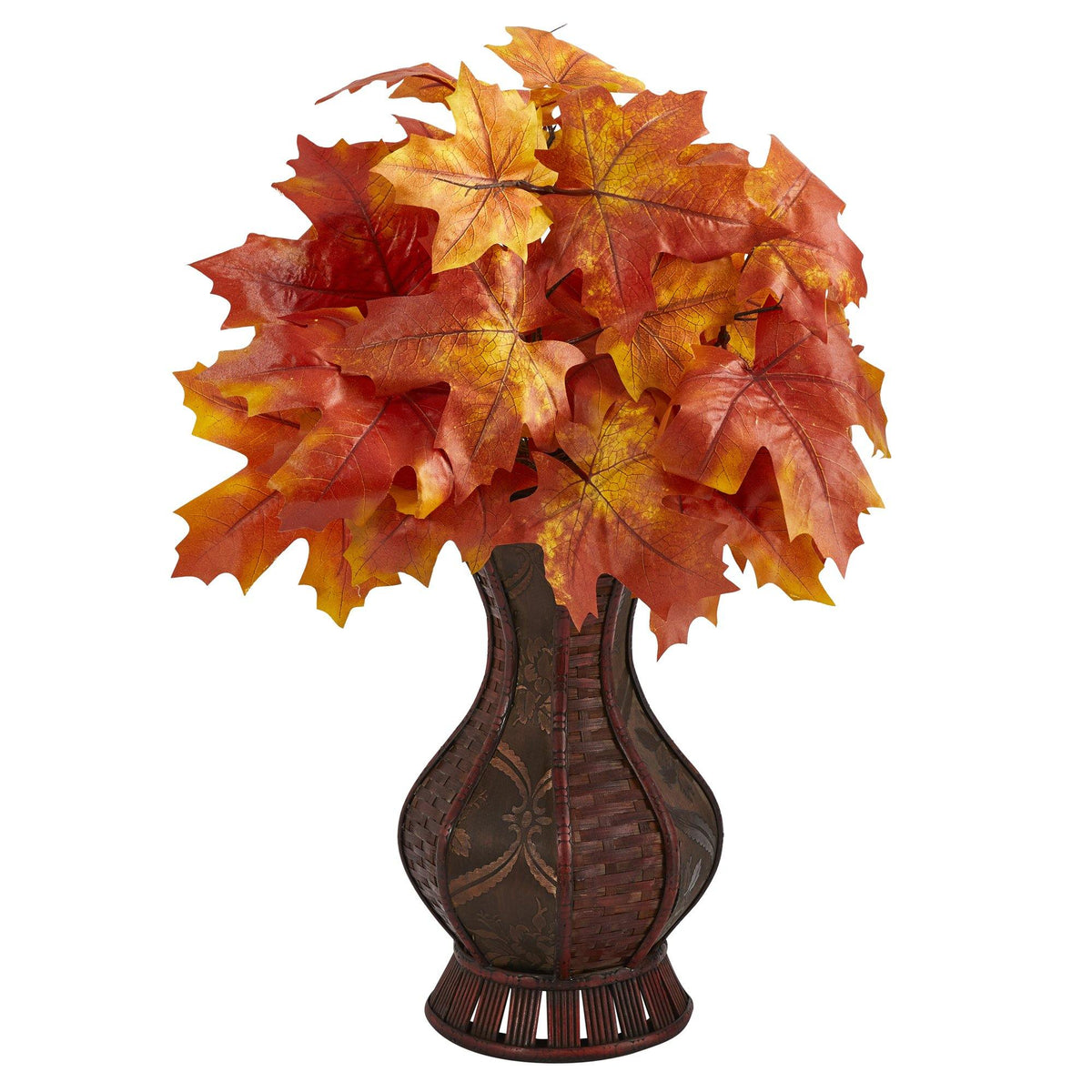 24" Autumn Maple Leaf Artificial Plant in Decorative Planter by Nearly Natural in Orange