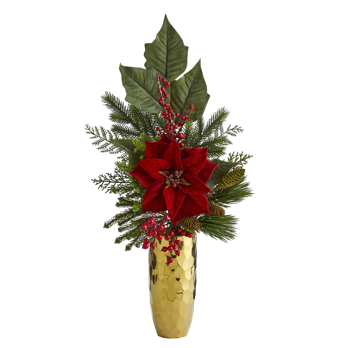 32" Poinsettia Berries Pine & Pinecone Arrangement in Vase by Nearly Natural