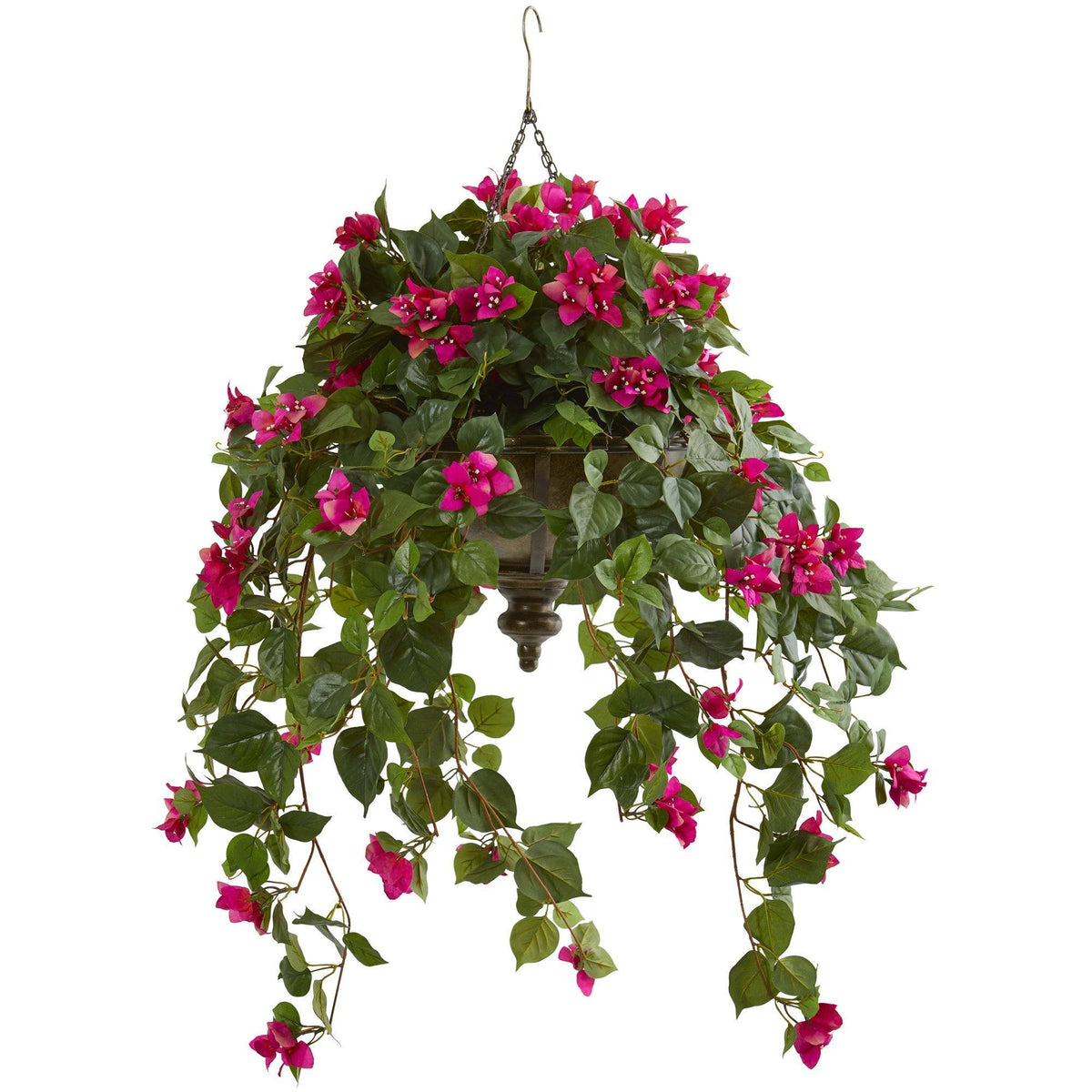 37" Bougainvillea Artificial Plant in Hanging Metal Bowl by Nearly Natural in Beauty