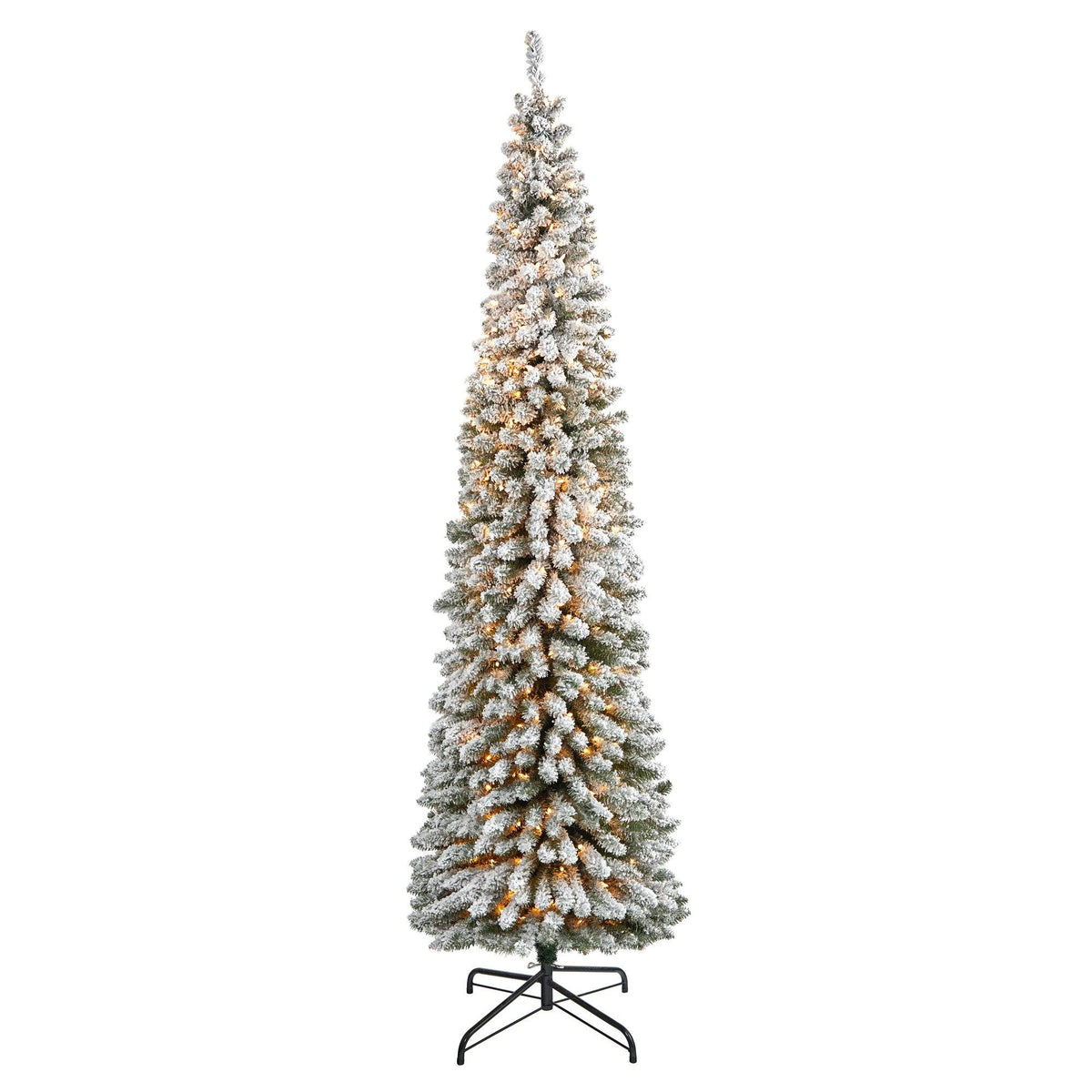 8' Flocked Pencil Christmas Tree w/500 Lights & 646 Tips by Nearly Natural