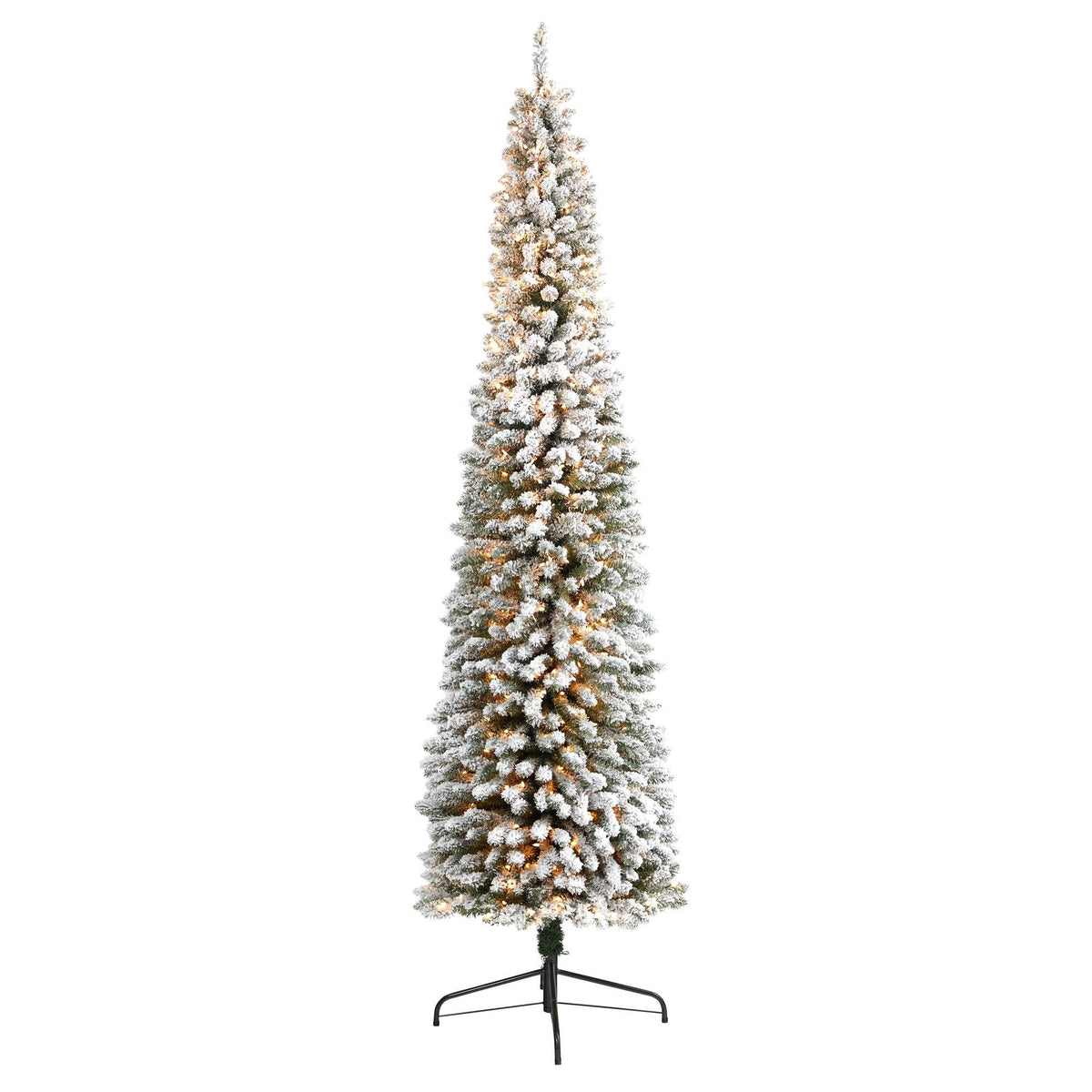 9' Flocked Pencil Christmas Tree w/600 Lights & 896 Tips by Nearly Natural