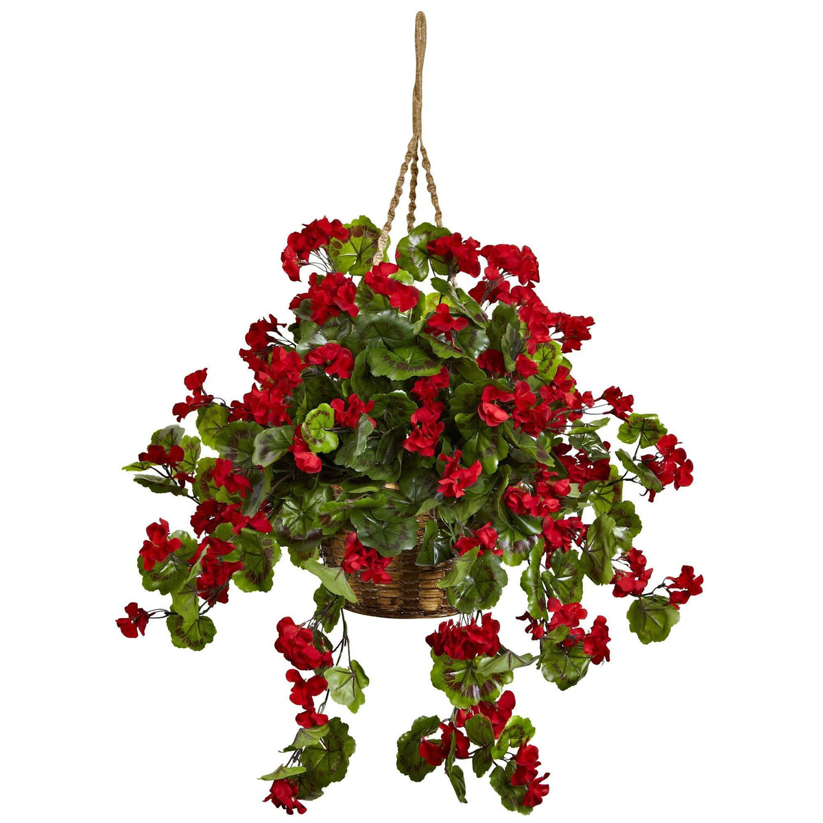 Geranium Hanging Basket UV Resistant (Indoor/Outdoor) Red by Nearly Natural in Red