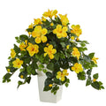 27" Hibiscus Plant in White Tower Planter by Nearly Natural in Yellow