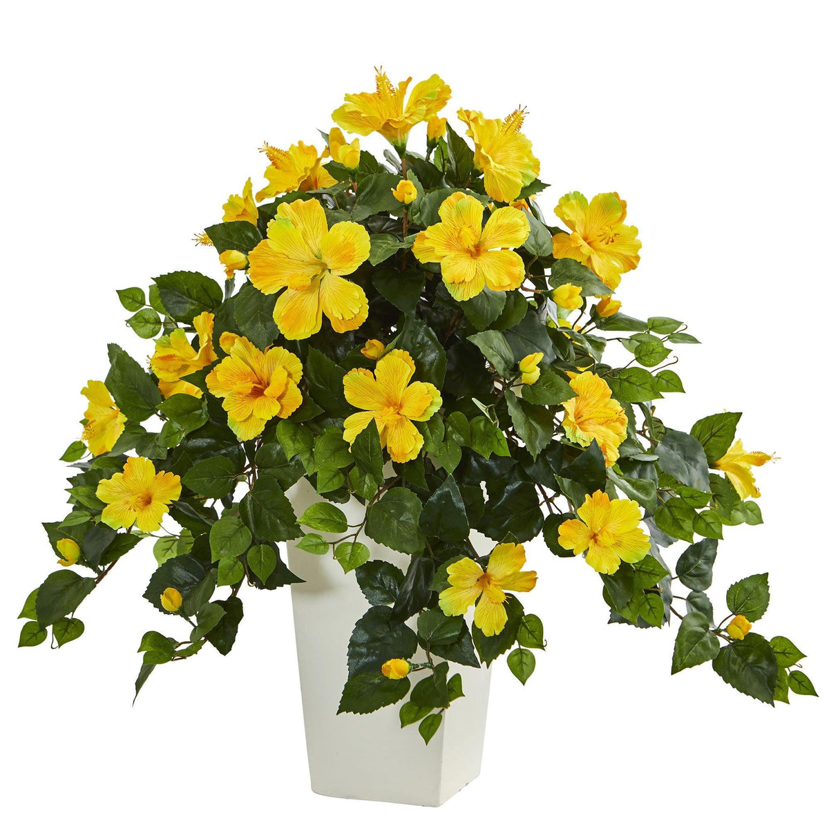 27" Hibiscus Plant in White Tower Planter by Nearly Natural in Yellow