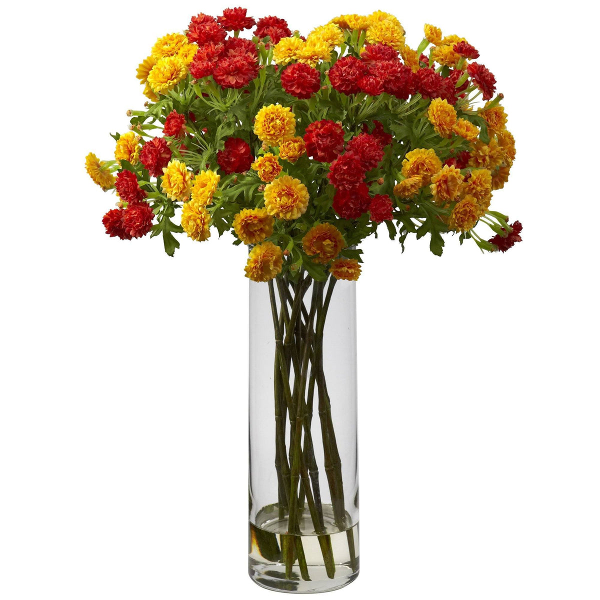 Japanese Flowers w/Glass Vase Orange Yellow by Nearly Natural in Orange Yellow