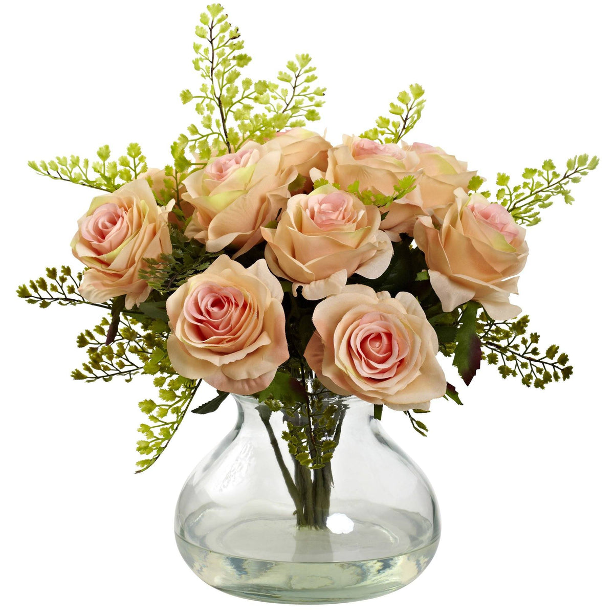 Rose & Maiden Hair Arrangement w/Vase Peach by Nearly Natural in Peach