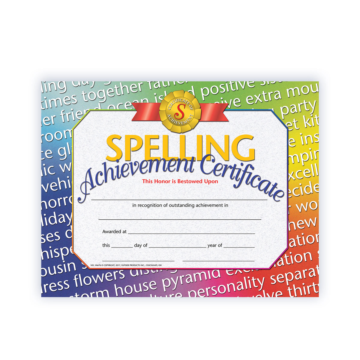 Spelling Achievement Certificate - Carton of 50 supplier units - SKU VA676