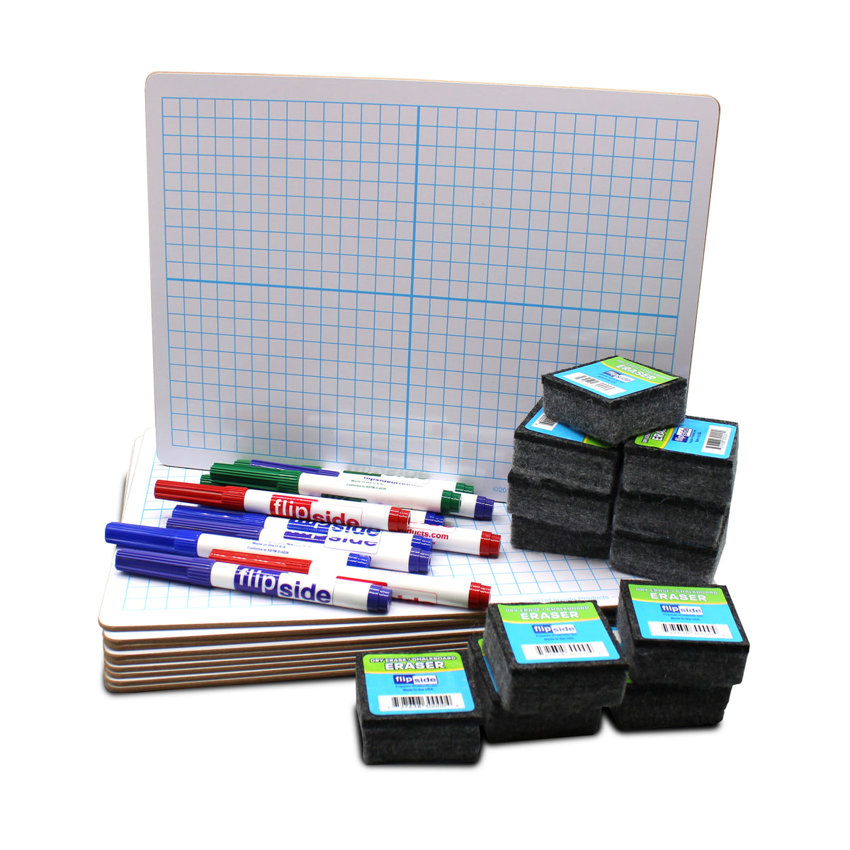 9 x 12 Two-Sided Dry Erase Boards with XY Axis Grid and Plain Dry Erase Surface, Colored Markers & Erasers - Class Pack of 12