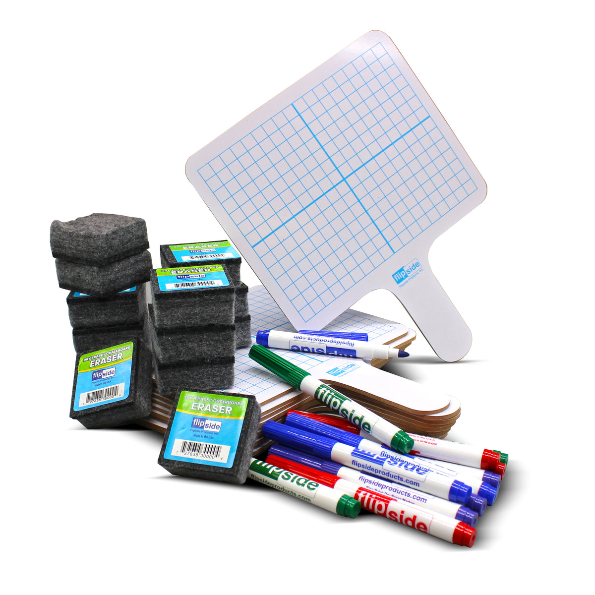 Rectangular Graph Two-Sided Dry Erase Answer Paddle + Colored Markers + Erasers - Class Pack 12