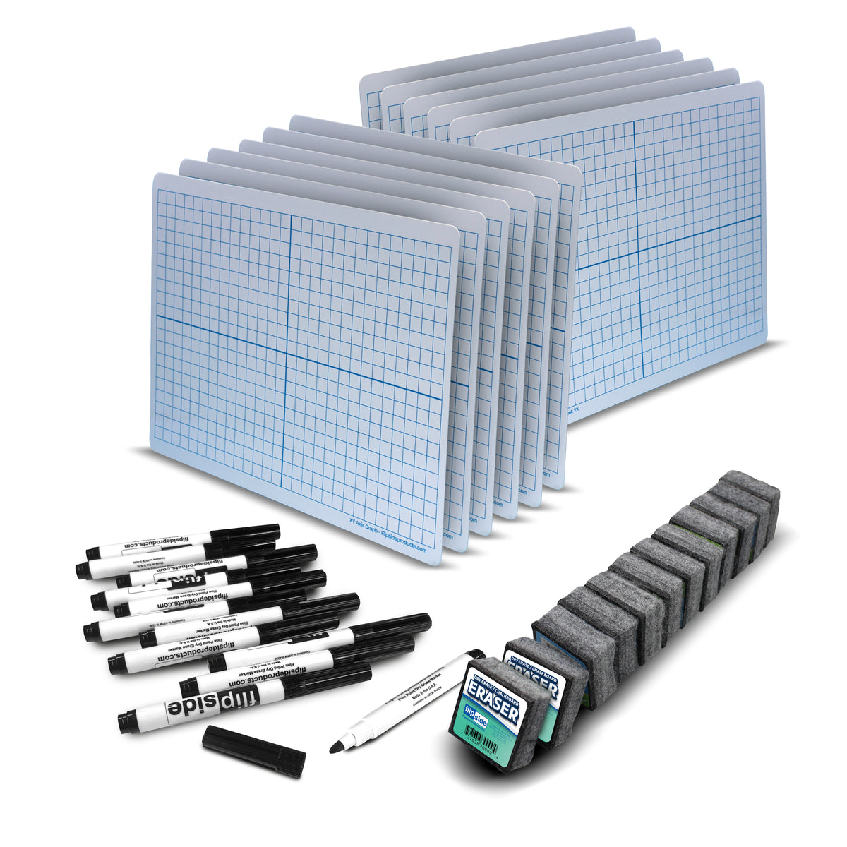 9" x 12" Two-Sided XY Axis Learning Mat + Black Marker + Student Eraser Class Pack - 36 Pcs