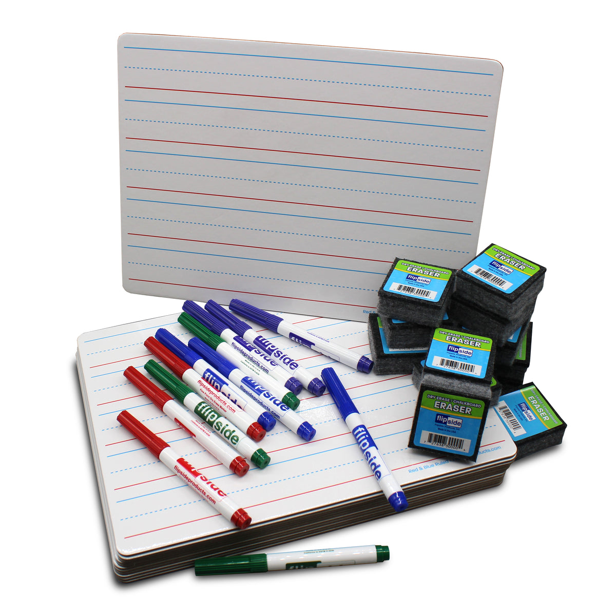 9 x 12 Red & Blue Ruled/Dry Erase (dual sided) + Colored Markers + Student Eraser Class Pack 12