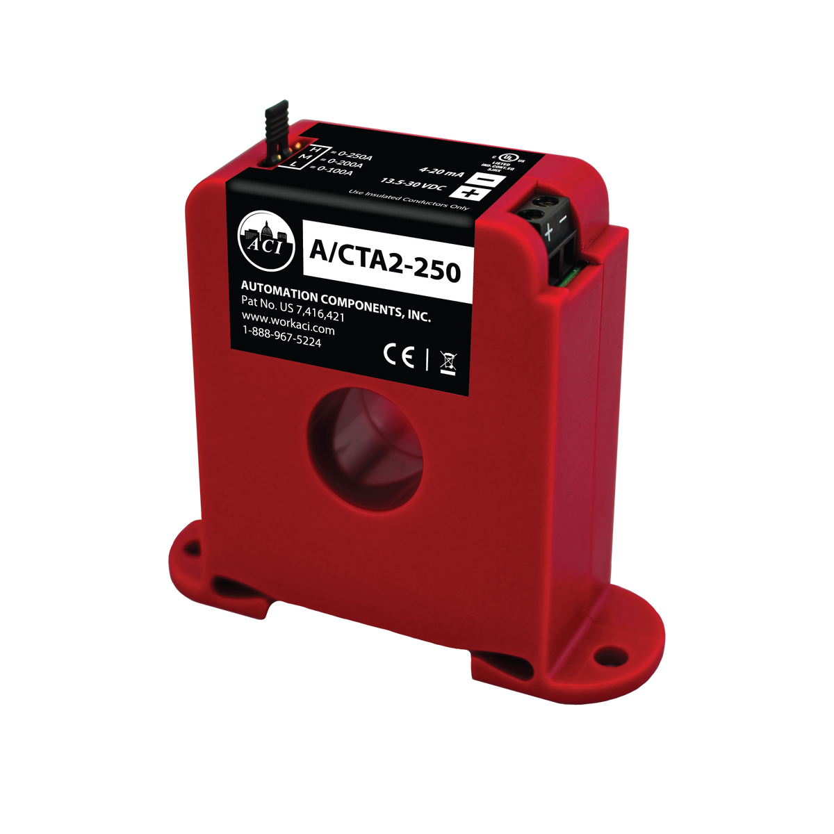 ACI (Automation Components Inc) A/Cta2-250 Analog Current Sensor, 4-20Ma, Din Rail, Solid Core, 0-100, 0-200, 0-250 Amp (Default) 142377