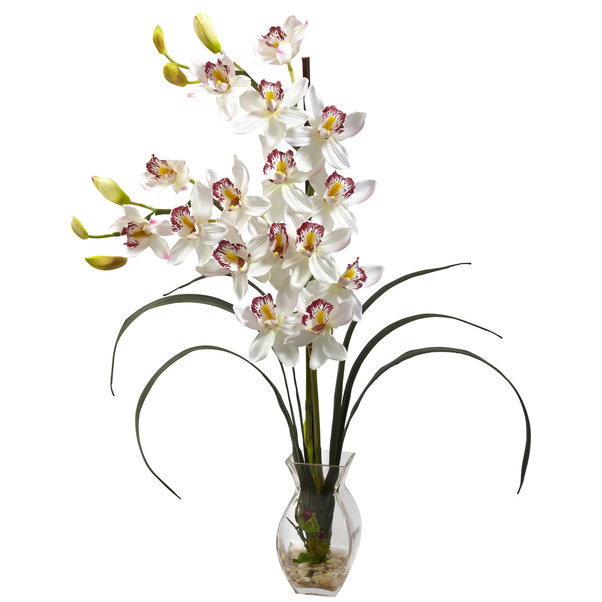 Cymbidium Orchid w/Vase Arrangement White by Nearly Natural in White
