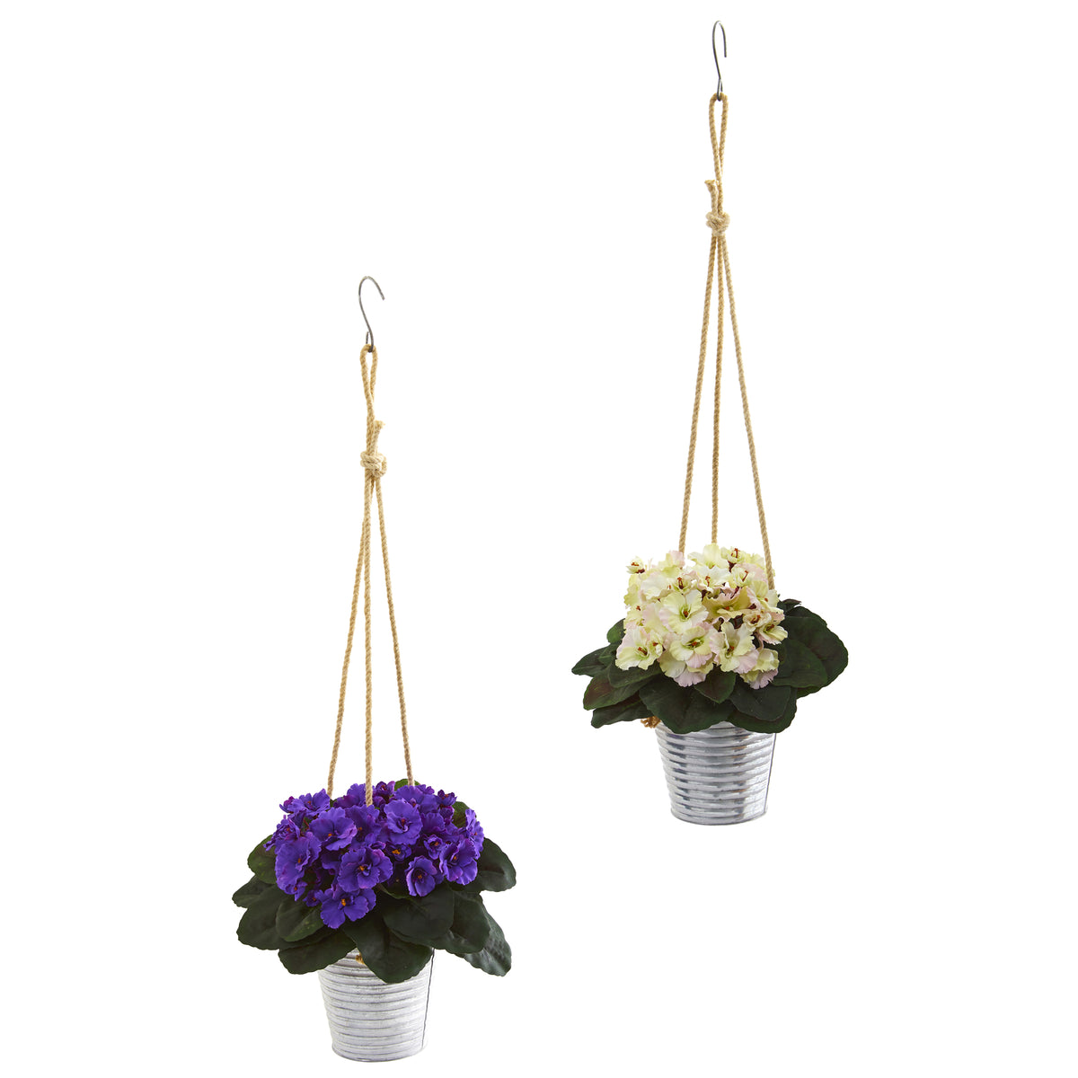 21" African Violet Plant in Hanging Bucket (Set of 2) by Nearly Natural in Purple White