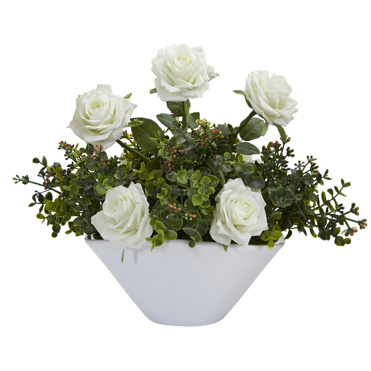 16" Roses and Eucalyptus Arrangement in White Vase by Nearly Natural in White