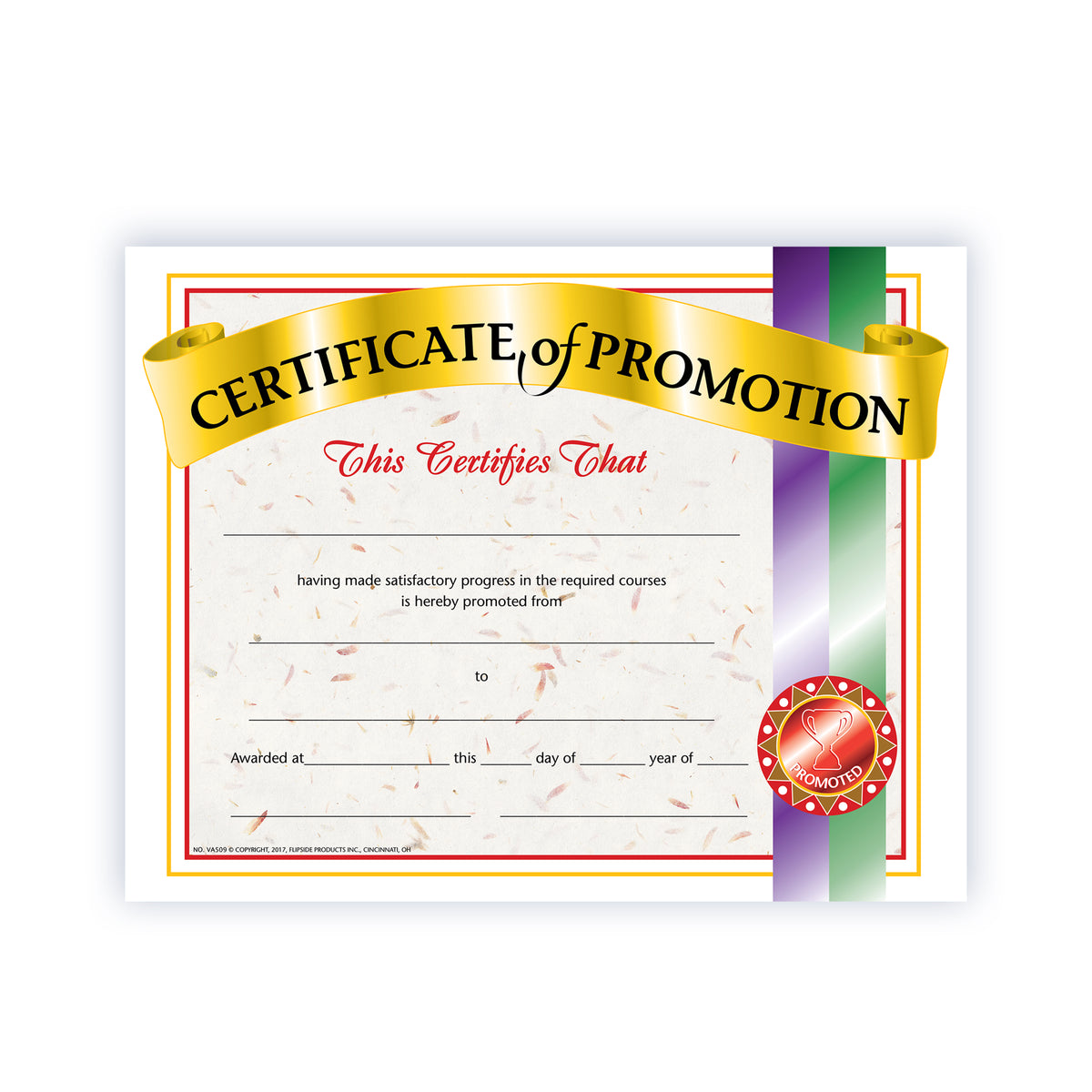 Certificate of Promotion - Carton of 50 supplier units - SKU VA509