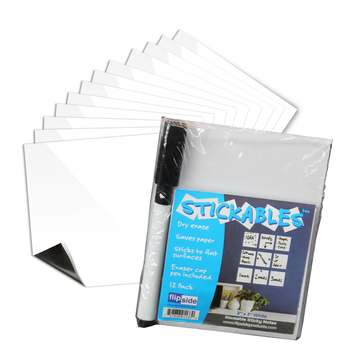 3" x 3" Stickables Repositionable Whiteboard w/ Dry Erase Marker - 1 Pack of 12 Sheets - Carton of 24 supplier units