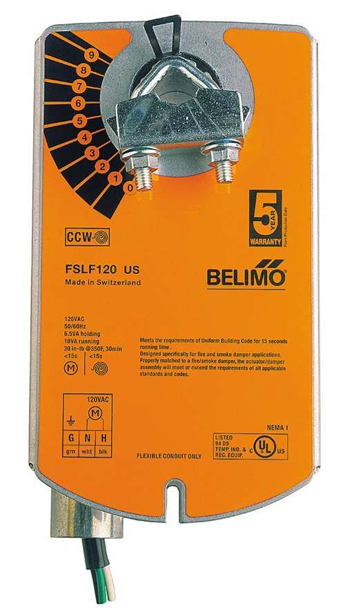 Belimo Fire & Smoke Actuator, 30 in-lb [3.5 Nm] from 32...350°F [0...177°C], Spring return, AC/DC 24 V, On/Off FSLF24US