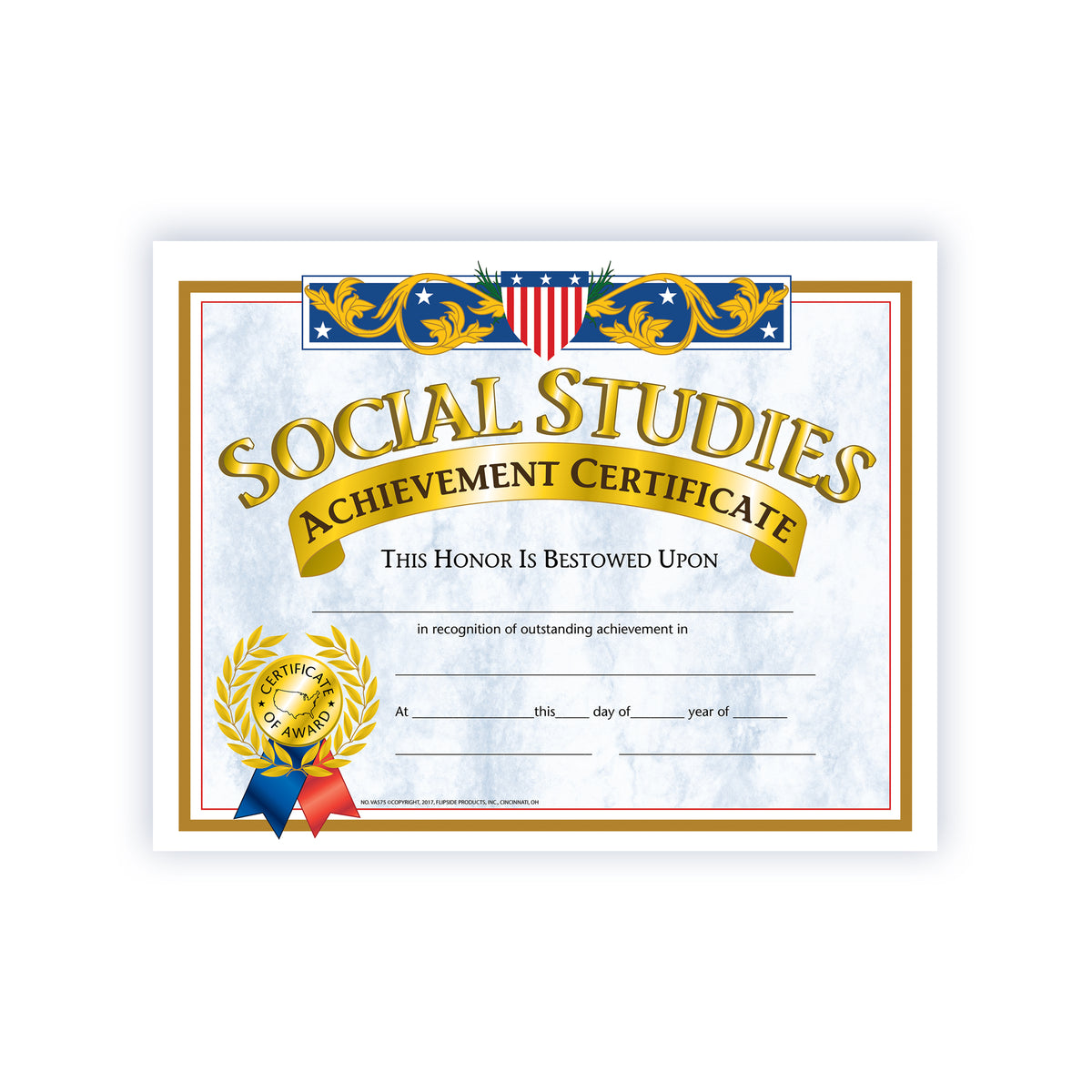 Social Studies Achievement Certificate - Carton of 50 supplier units - SKU VA575