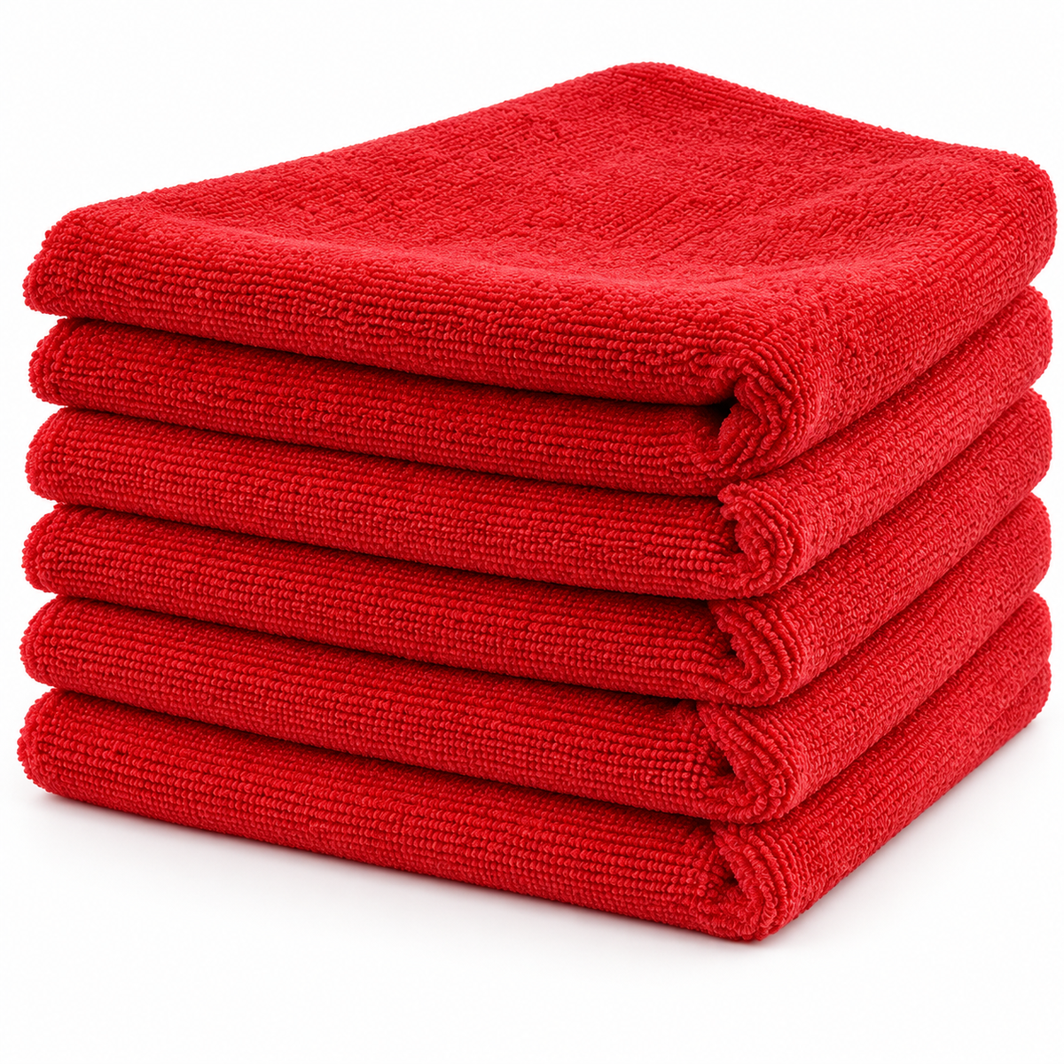 Representative red microfiber towels for item MF1616-270-500RED; displayed color may vary by dye lot
