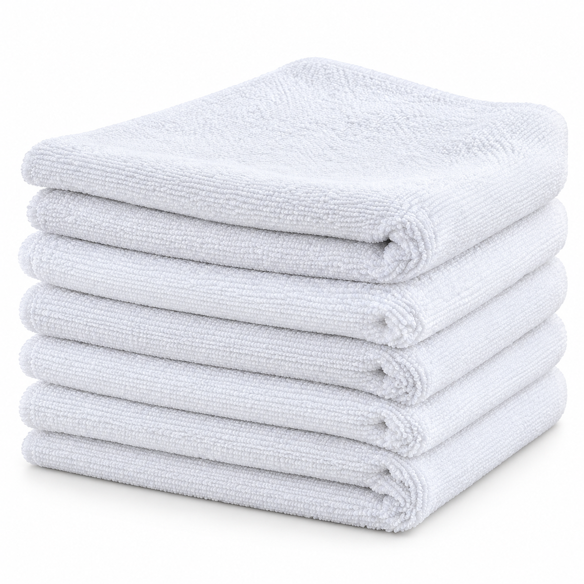 Representative white microfiber towels for item MF1616-W; displayed color may vary by dye lot
