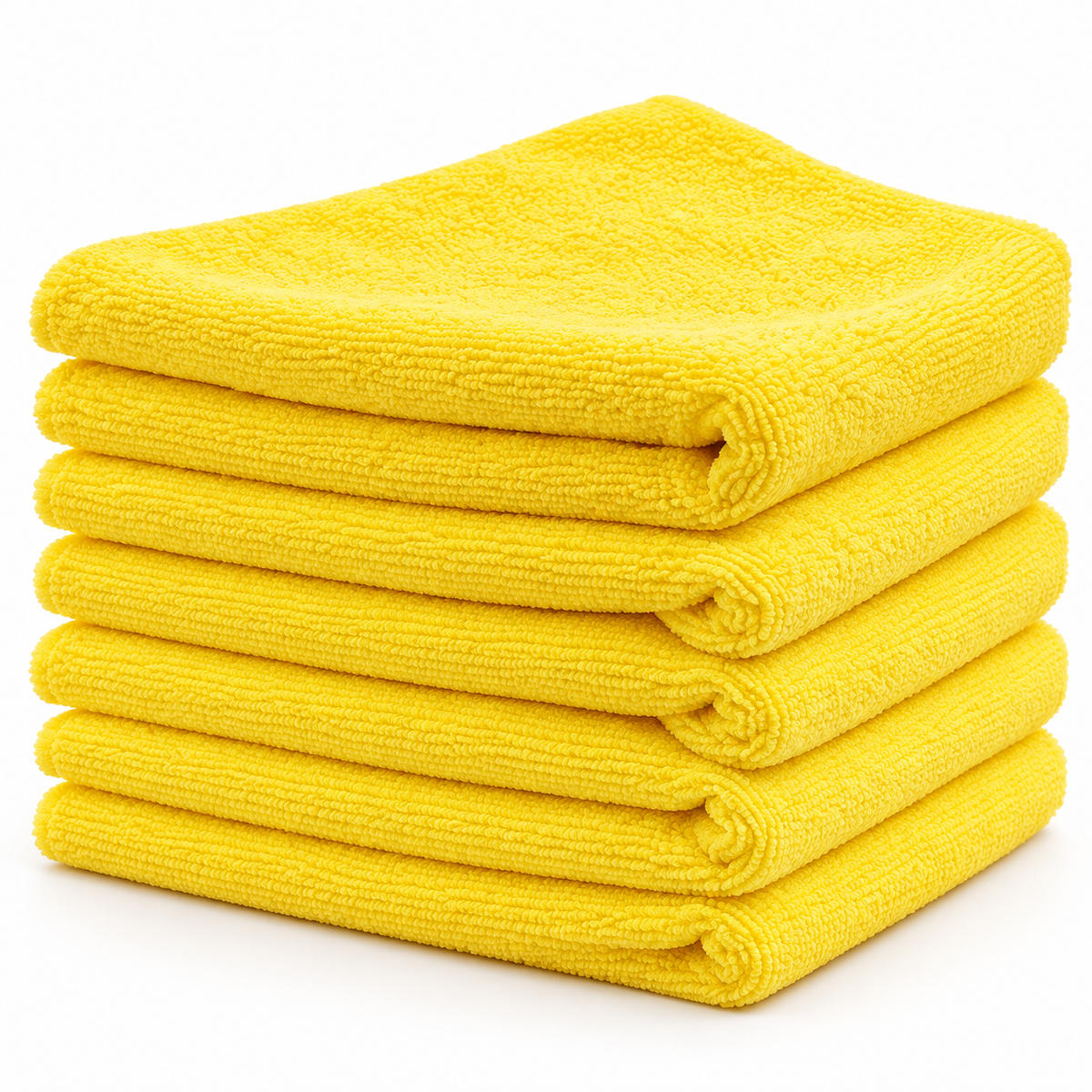 Representative yellow microfiber towels for item MF1616-270-500YLW; displayed color may vary by dye lot