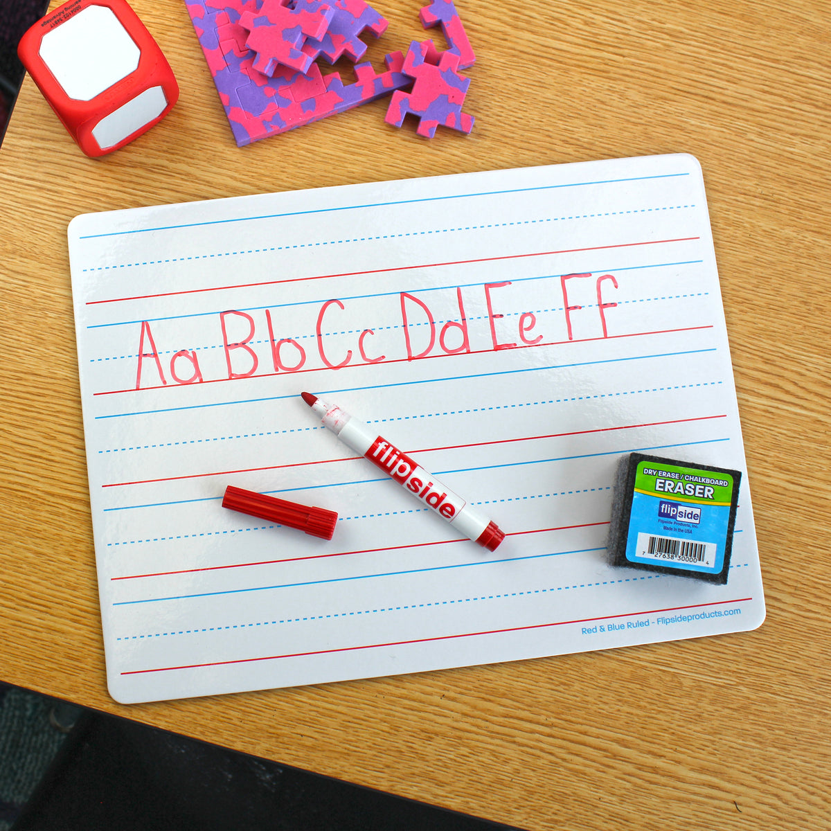 9 x 12 Red & Blue Ruled/Dry Erase (dual sided) + Colored Markers + Student Eraser Class Pack 12