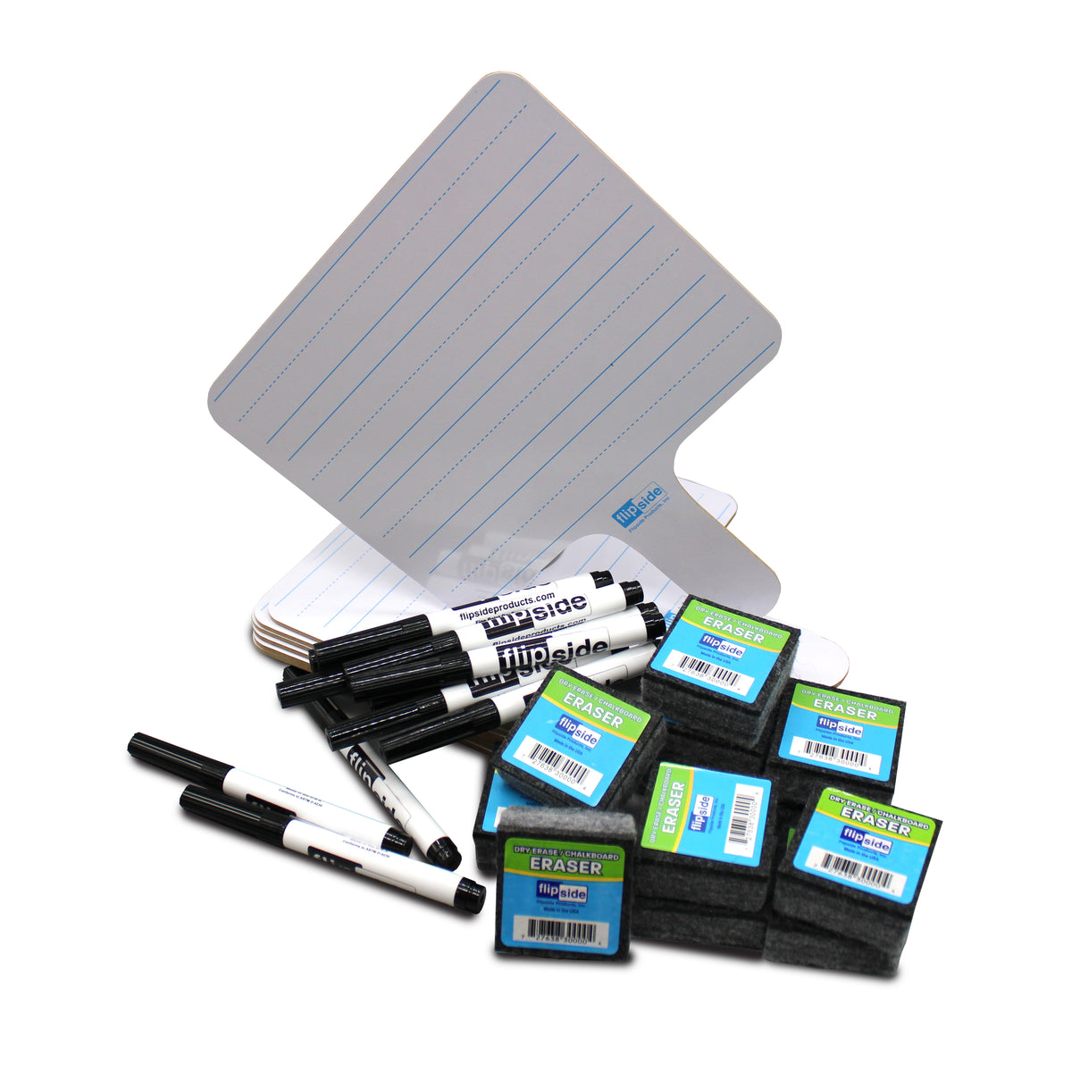 Rectangular Lined Two-Sided Dry Erase Answer Paddle + Markers + Erasers - Class Pack 12 - SKU 18123