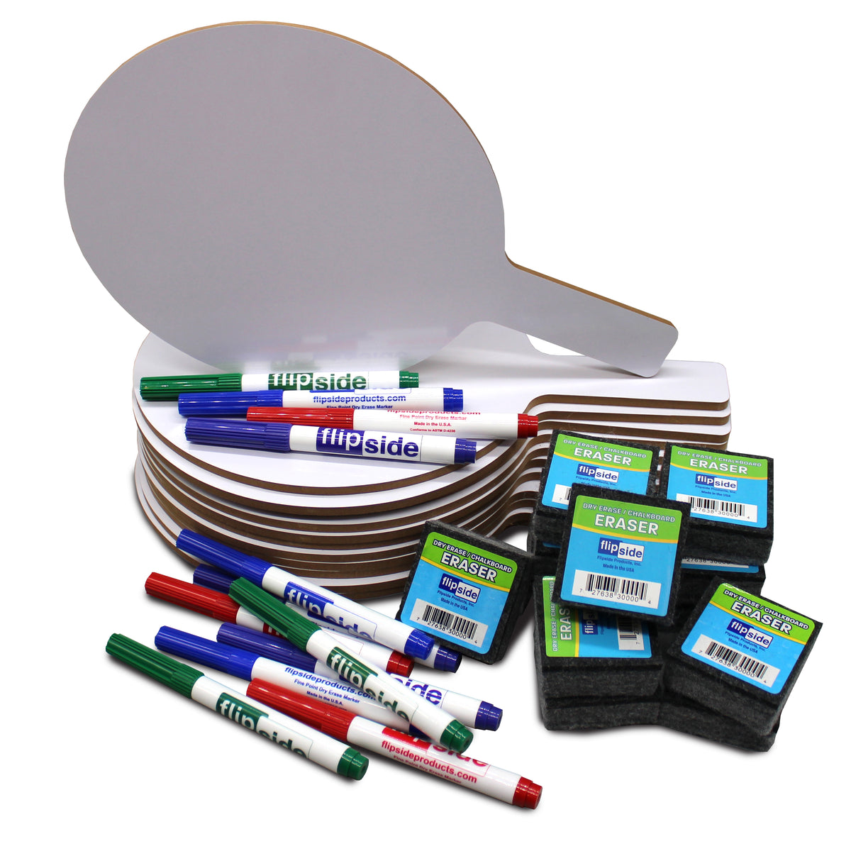 Single-Sided Oval Dry Erase Answer Paddle with Colored Markers and Student Erasers - Class Pack of 12 Sets
