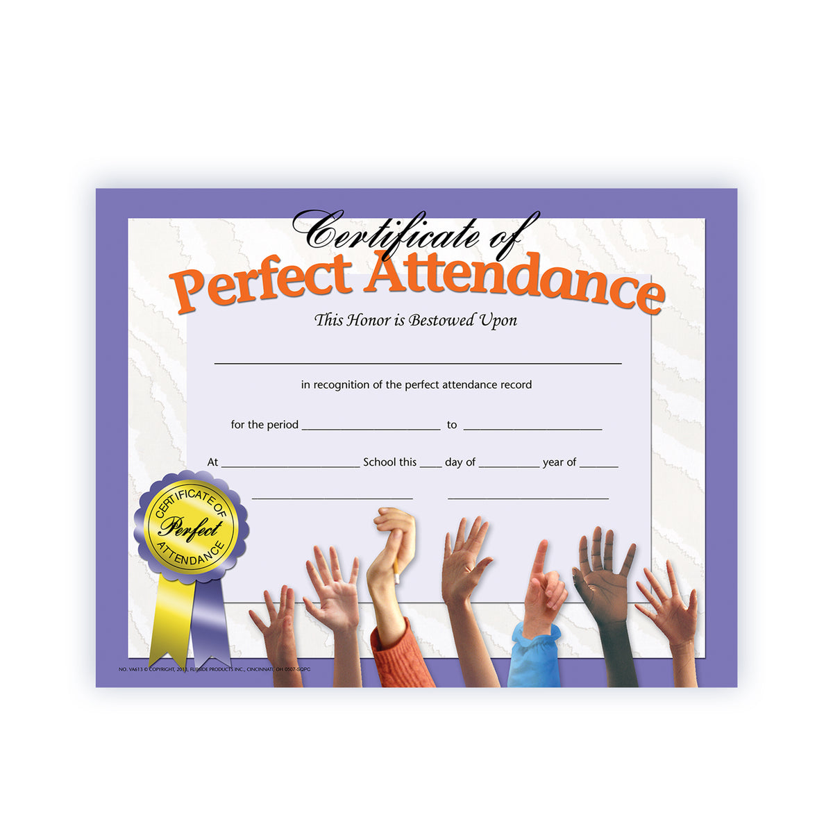 Certificate of Perfect Attendance - Carton of 50 supplier units - SKU VA613