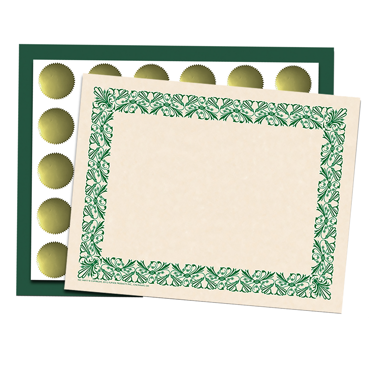 Art Deco Set -Green Border Paper, Plain Folders, Gold Seals
