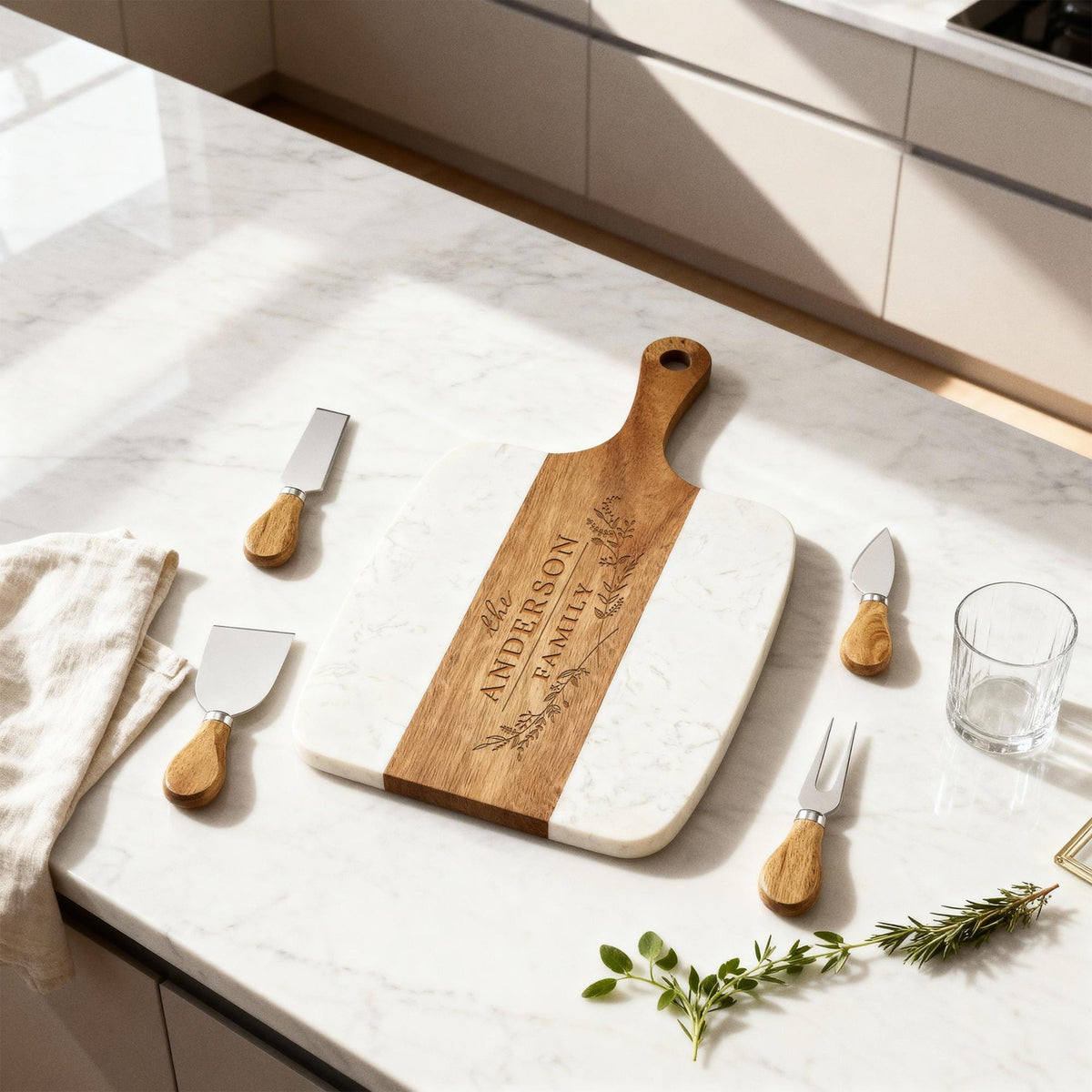 Marble Serving Board Set - 5 Piece Set with Handle