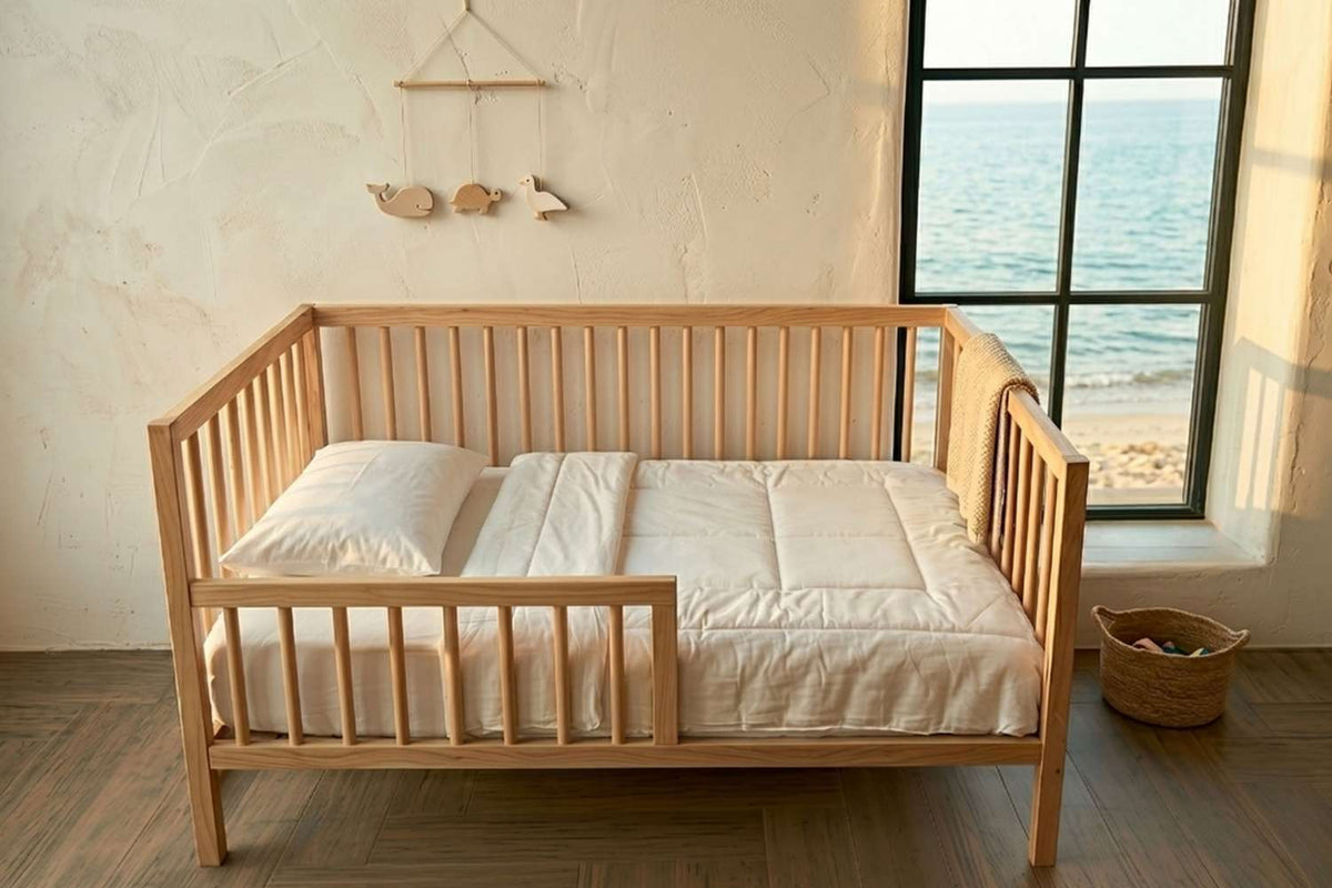 Sleep & Beyond myMerino crib comforter collection styling. Only the selected SKU contents are included.