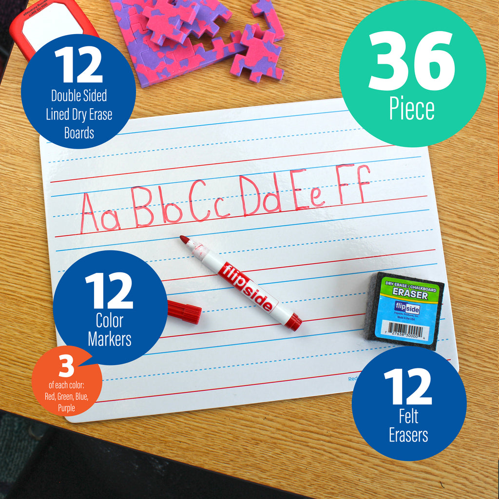 9 x 12 Red & Blue Ruled/Dry Erase (dual sided) + Colored Markers + Student Eraser Class Pack 12