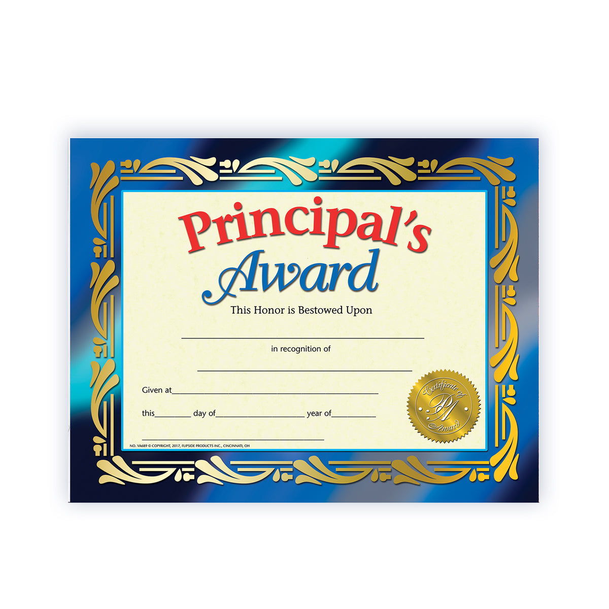 Principal's Award Certificate - Carton of 50 supplier units - SKU VA689