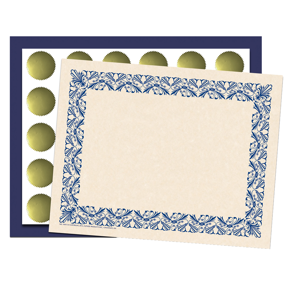 Art Deco Set - Blue Border Paper, Plain Folders, Gold Seals